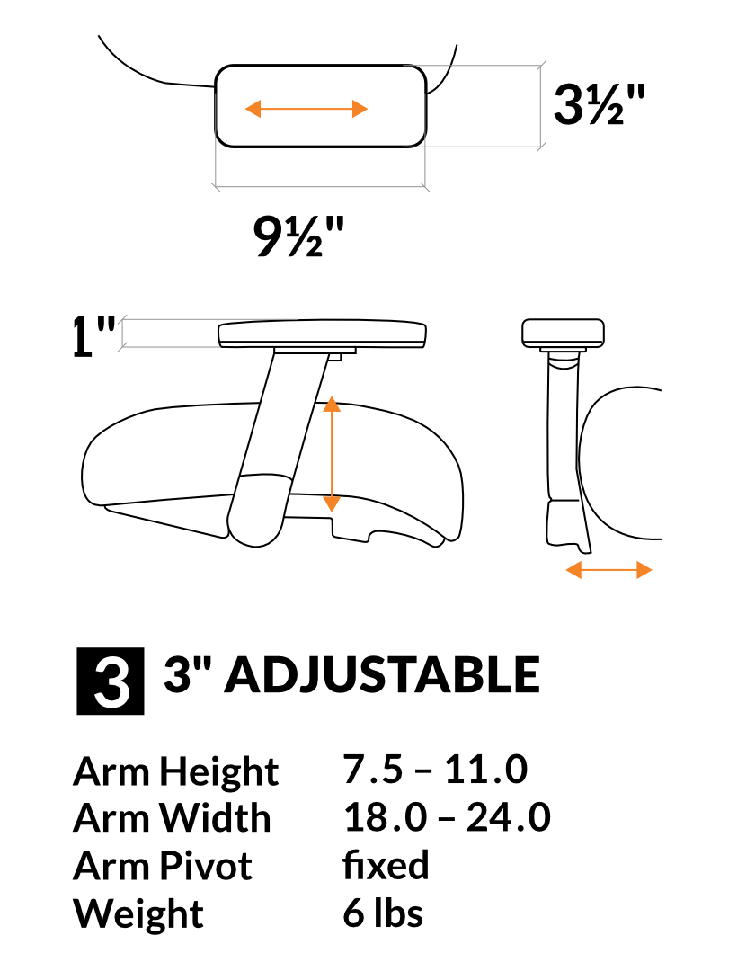 3 - 3" Height and Width Adjustable Arms